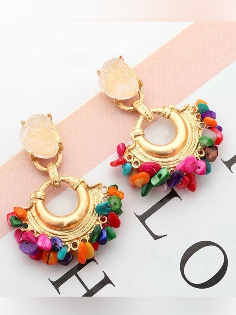 Bohemian Vintage Handmade Hanging Colorful Stone Dangle Metal Drop Earrings - Picture 4 of 5